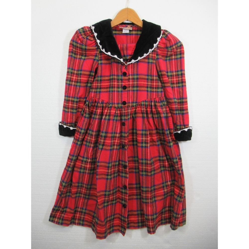 Vintage 90s Storybook Heirlooms Flannel Dress Girls 6X Red Plaid Collar